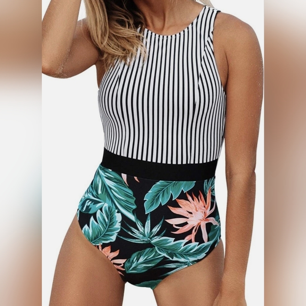 3. CUPSHE Striped Leafy One Piece Swimsuit • NWOT